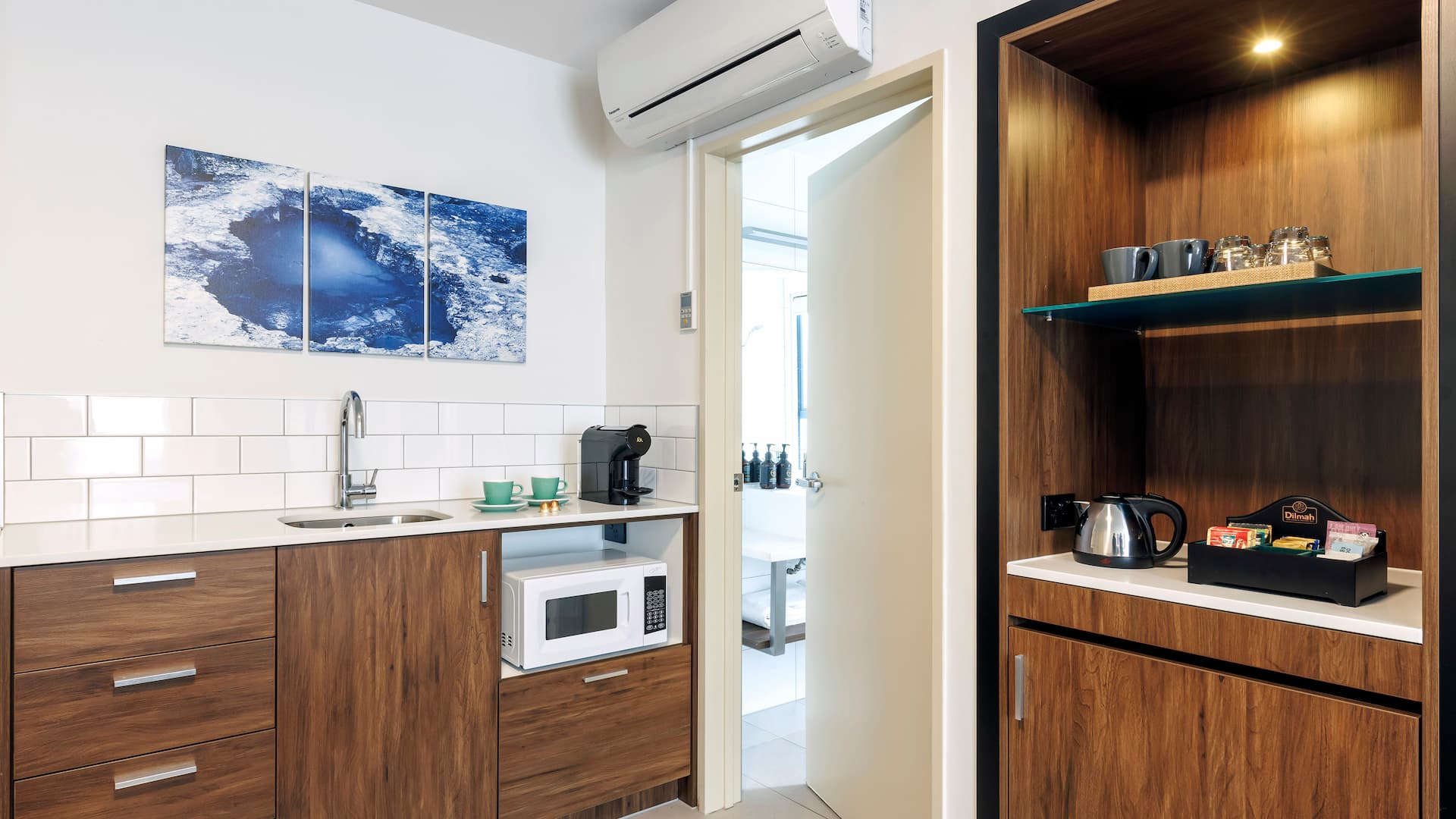 Guest room kitchenette and minibar at Jet Park Hotel Rotorua